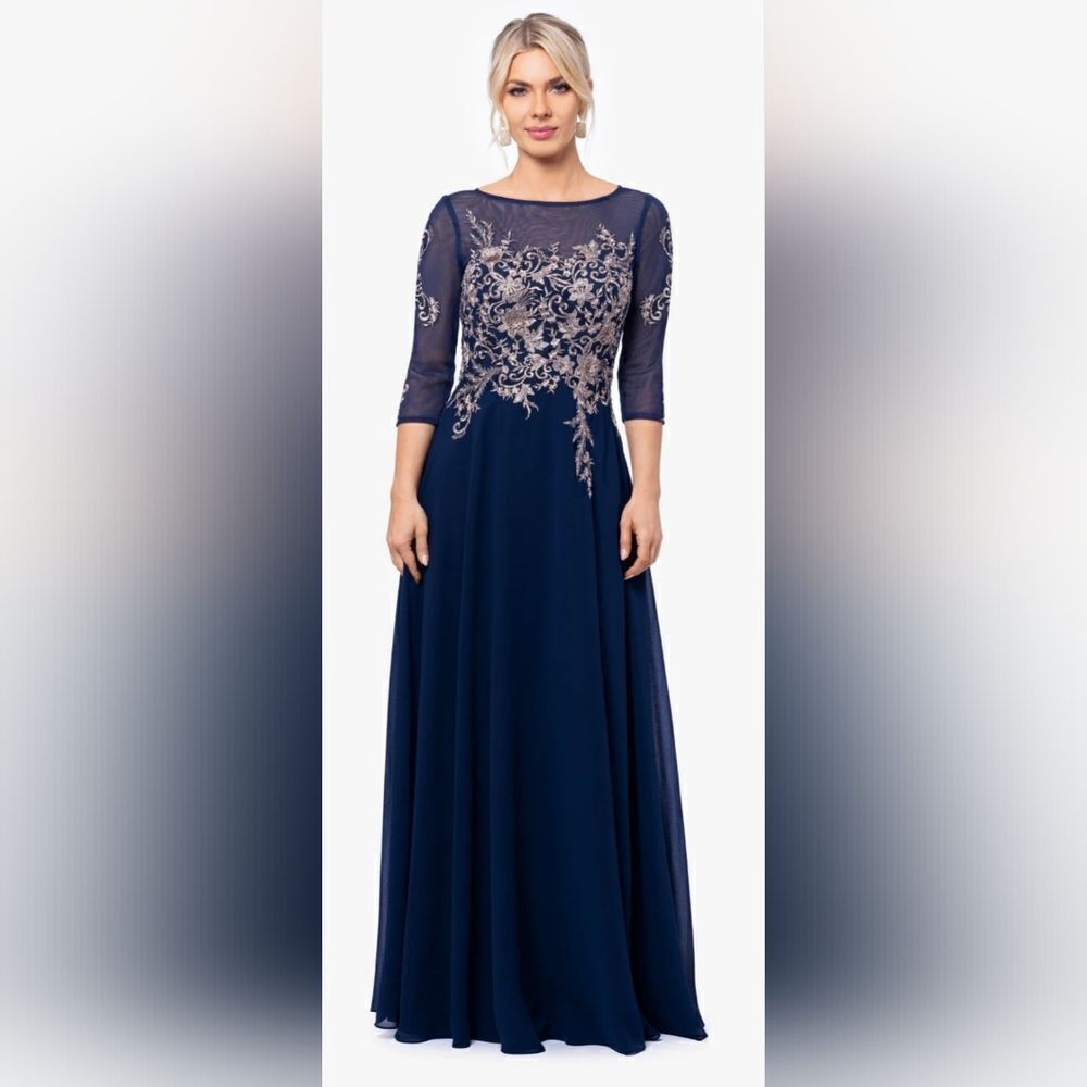 Betsy & Adam Brooklyn Embroidery 3/4 Sleeve Dress NWOT sz 6 Navy Blue and Gold